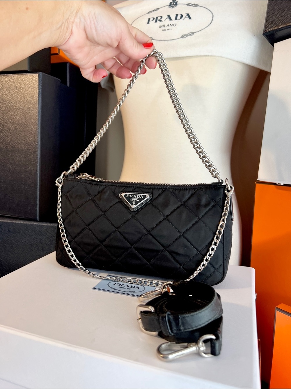 PRADA!! Authentic Prada bag! Black Quilted Nylon Bag with Silver Chain! Offers! - Picture 10 of 16